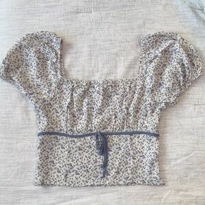 Sienna Sky Floral Puff Sleeve Blouse - Cream and Blue